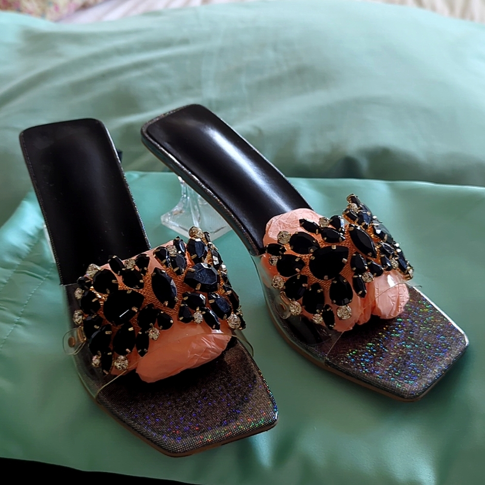 Lucite/Plastic Black Rhinestone Heels Size 10.5